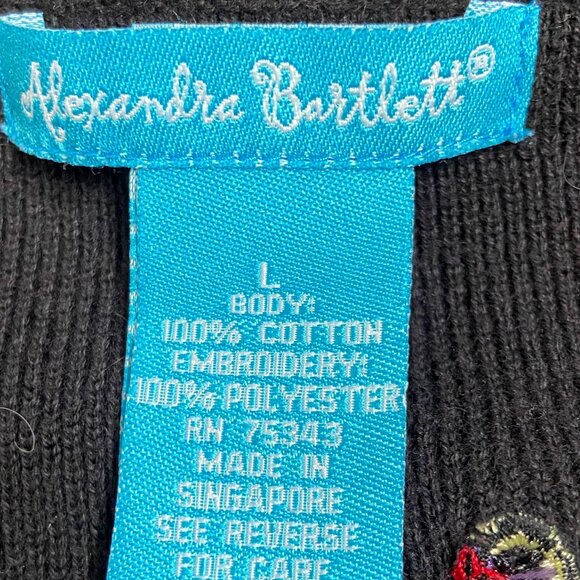 Vintage 00s ALEXANDRA BARTLETT Black Embroidered HULA Dancer Cardigan Sweater L - Picture 6 of 6